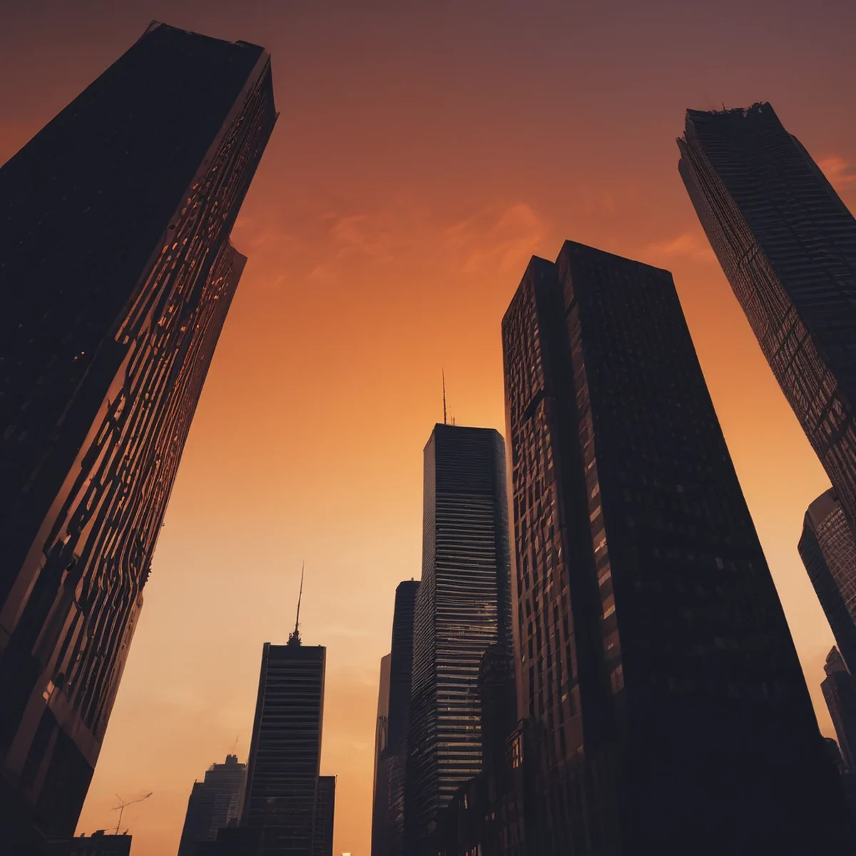 Grands gratte-ciel et bâtiments urbains sous un ciel de crépuscule coloré