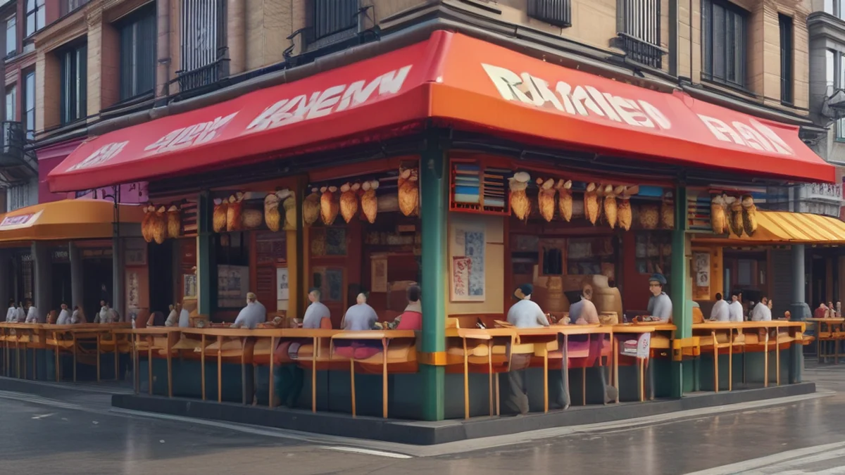 Un stand di ramen con un piatto di ramen caldo, noodles, brodo e ingredienti.