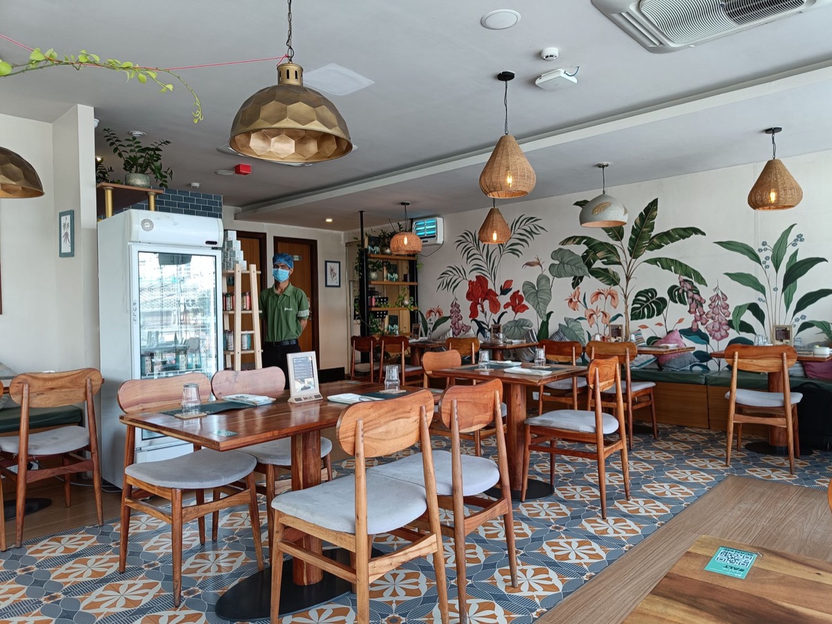 tropical restaurant interior with tropical plants