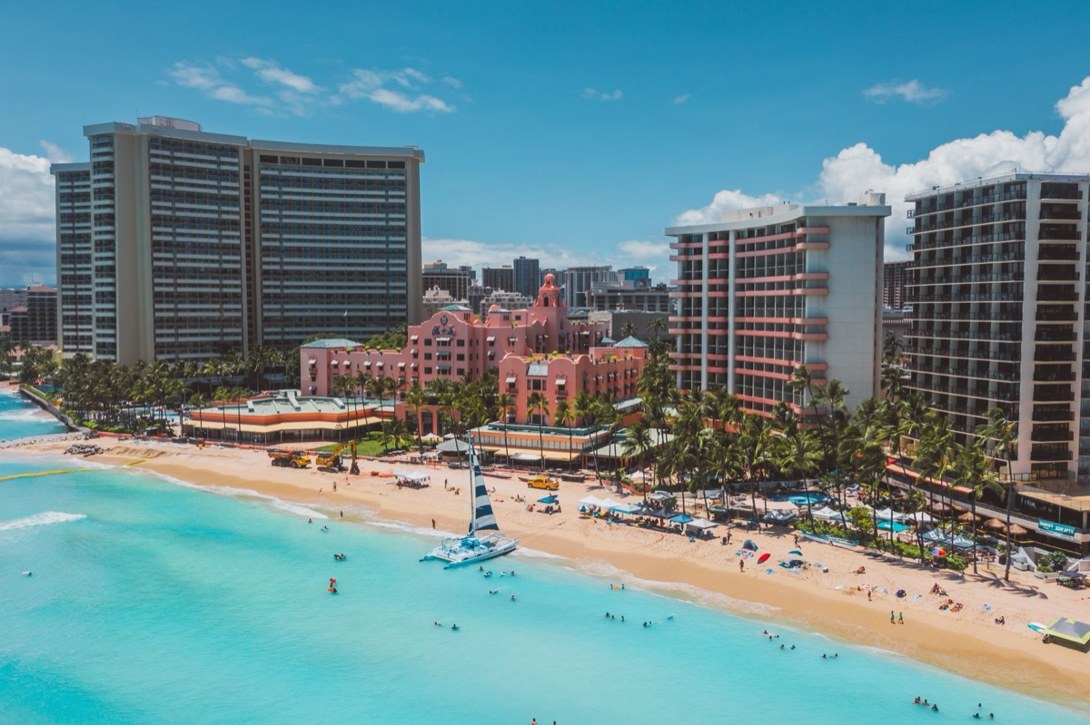 tall palm tree with resort buildings in background