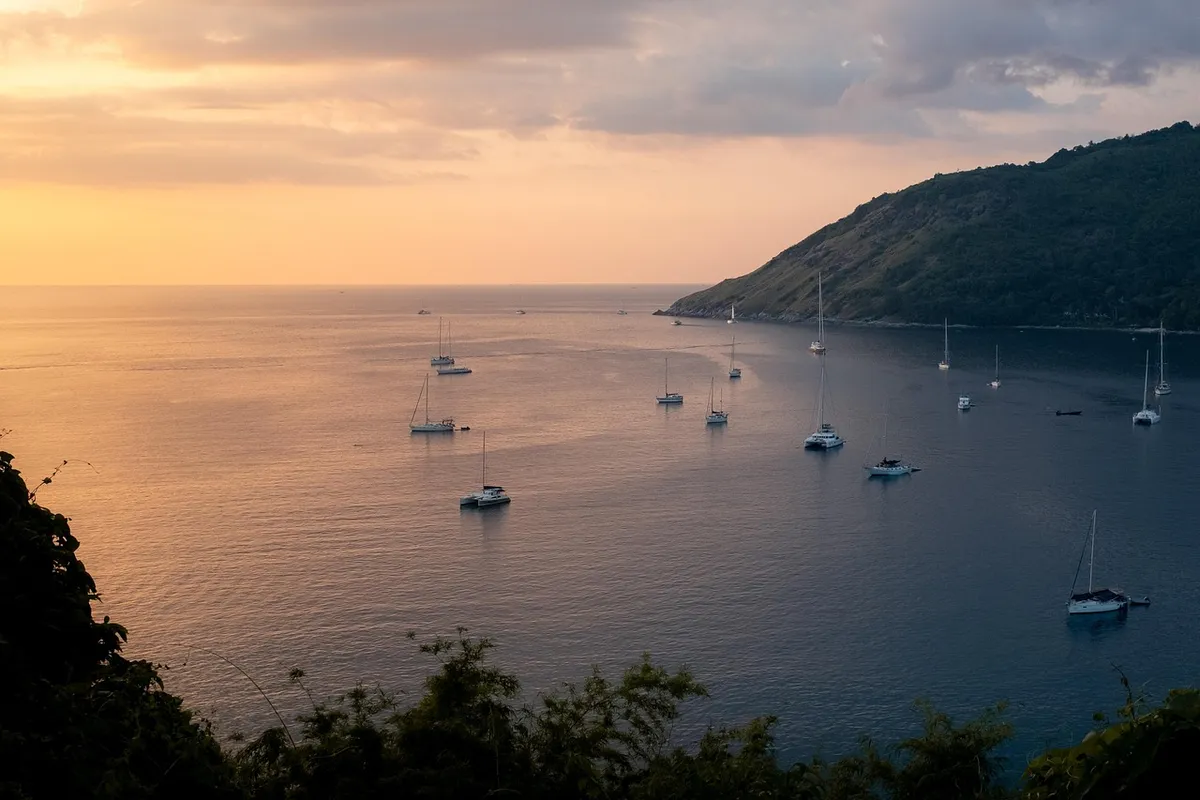 bay, yachts, sunset, phuket, nature, travel, tourism
