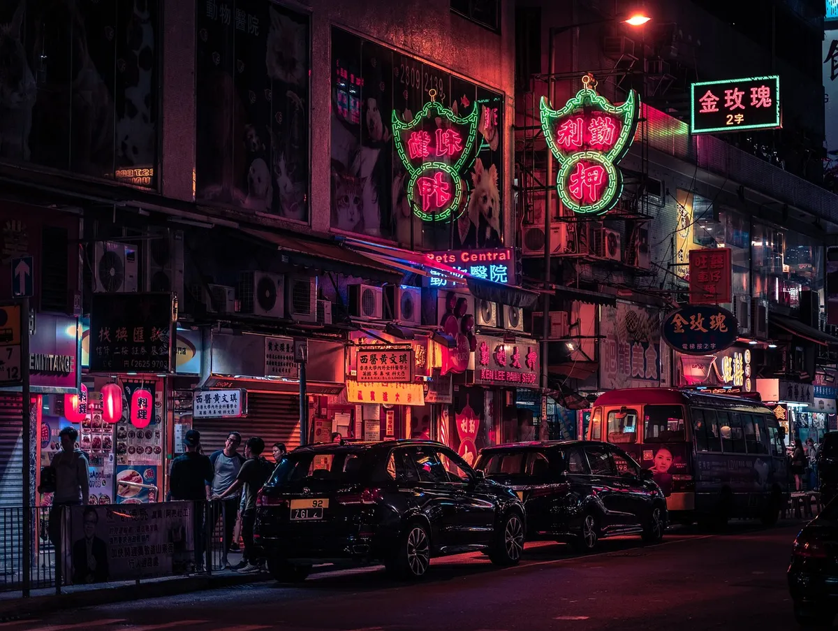 차, 운전, 보행자, 버스, 인프라, 홍콩, 뉴에이, 자동차, 중국, 미래적, 건축, 밤, 도시, 도심, 이동, 조명